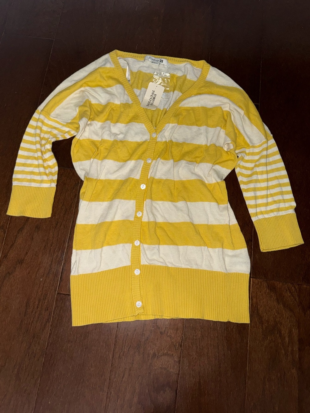 Forever 21 Yellow and White Striped Button-Up Sweater Cardigan